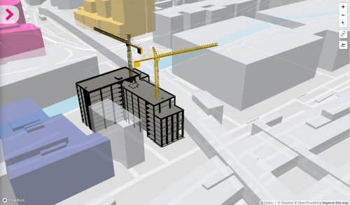 Screenshot of the 3D Model Explorer demo, showing a model of a building with some cranes in Nottingham.