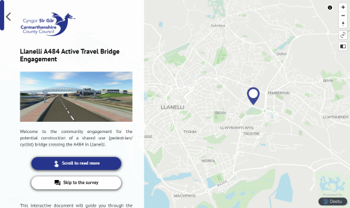 Screenshot of the engagement website for the Llanelli A484 active travel bridge, showing a map of the bridge location in Llanelli.