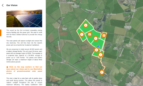 Screenshot of the Billown Solar Public Consultation tool, showing a map of the proposals.