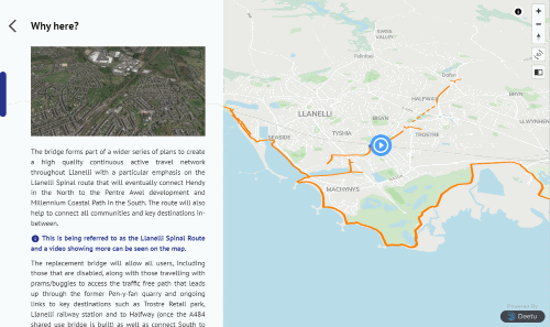 Screenshot of the Black Bridge Active Travel Engagement tool, showing a map of the proposals.