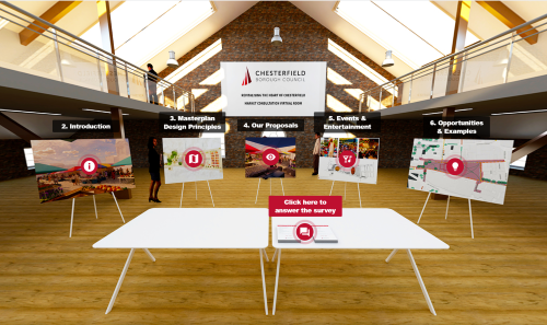 Screenshot of the Chesterfield Market Consultation Virtual Room tool, showing a 360° room with consultation boards.