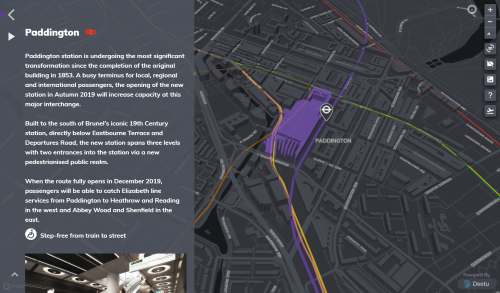 Screenshot of the Crossrail Elizabeth Line demo, showing a map of Paddington Station.