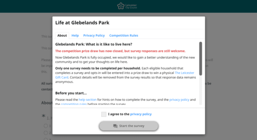 Screenshot of the Glebelands Public Survey tool, showing a map of the proposals.