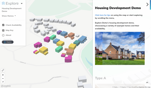 Screenshot of the Housing Development demo, showing a 3D map of a development scheme.