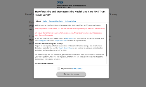 Screenshot of the Herefordshire and Worcestershire Health and Care NHS Trust Travel Plan Survey.