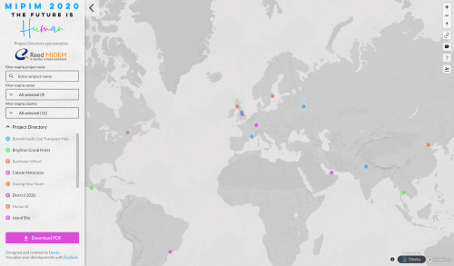 Screenshot of the MIPIM 2020 Project Directory, showing a map of MIPIM-featured projects around the globe.