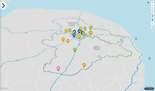 Screenshot of Explore Greater Norwich, showing a map of opportunities in the region.