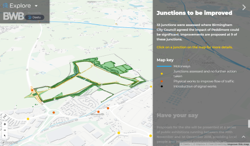 Screenshot of the Peddimore Travel Consultation tool, showing a map with a red line boundary.