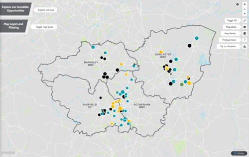 Screenshot of the South Yorkshire MCA Investible Opportunities Portfolio, showing a map of opportunities in the region.