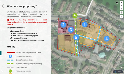 Screenshot of the Stocking Farm (Second Stage) Community Engagement tool, showing a map of the initial proposals.