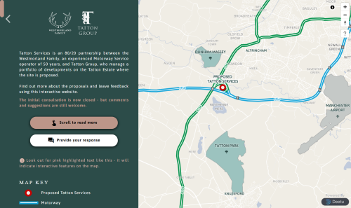 Screenshot of the Westmorland Tatton Services Public Consultation tool, showing a map of the proposed development location.