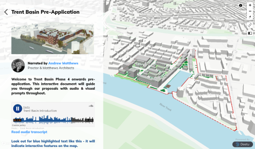 Screenshot of the digital Trent Basin Pre-Application document, showing a map of the planned development.