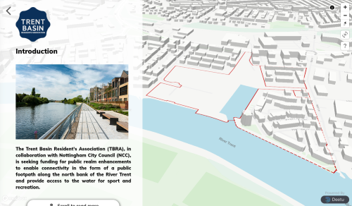 Screenshot of the Trent Basin Waterfront Engagement tool, showing a map of the planned development.
