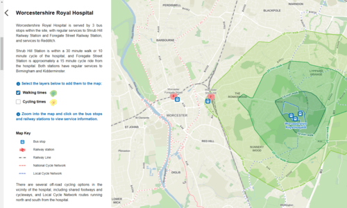 Screenshot of the Worcestershire Acute Hospitals NHS Trust Travel Plan Tool.