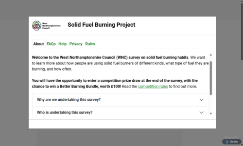 Screenshot of the West Northamptonshire Council Domestic Burning Survey tool.